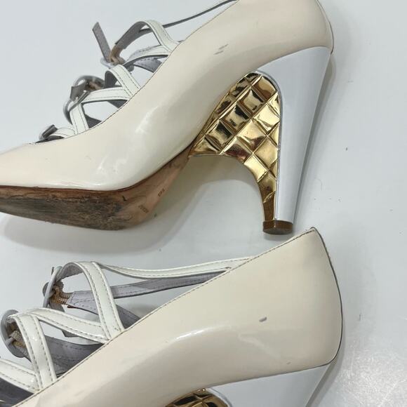 Chanel Buckle Mary Jane Wedge Pumps White Patent Leather Pumps | 39/US 8-8.5 - Picture 7 of 13